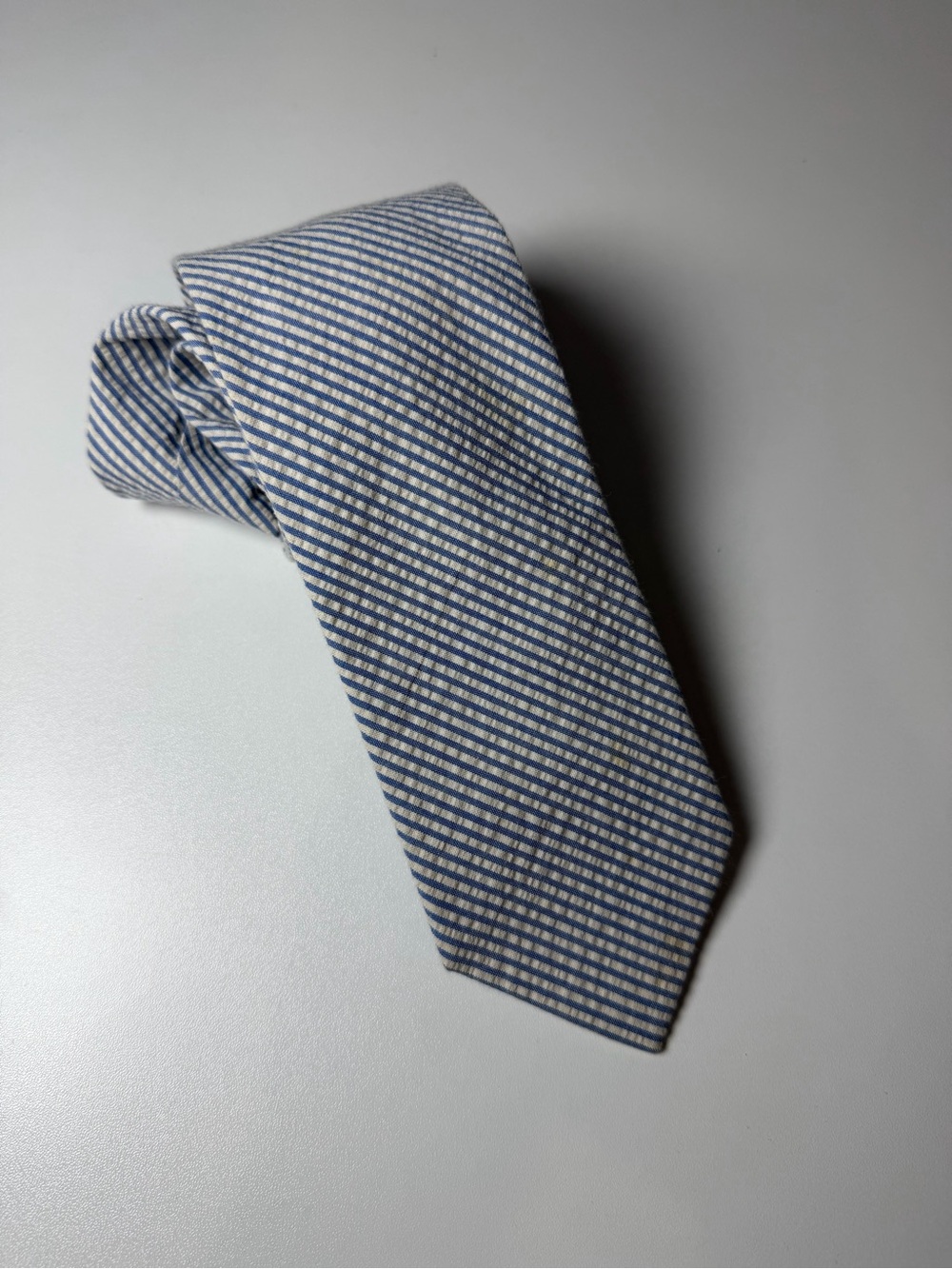 J. Crew 100% Cotton Seersucker Blue and White Diagonal Stripe Slim Modern Tie